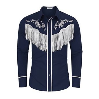 Men's Western Cowboy Fringe Shirts Long Sleeve Embroidered Slim Fit Casual Button Down Shirts