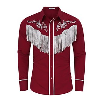 Men's Western Cowboy Fringe Shirts Long Sleeve Embroidered Slim Fit Casual Button Down Shirts