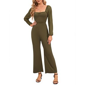 Women's Square Neck/Off-The-Shoulder Lantern Long Sleeve Jumpsuit High Waist Wide Leg Pants Romper