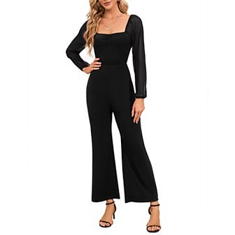 Women's Square Neck/Off-The-Shoulder Lantern Long Sleeve Jumpsuit High Waist Wide Leg Pants Romper