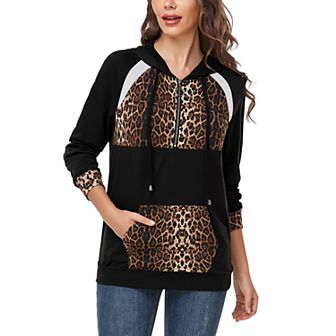 Women's Color Block Hoodies Long Sleeve Waffle Knit Tops Drawstring Zipper Pullover Sweatshirts