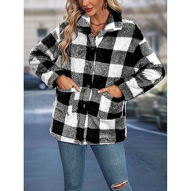 Women Casual Plaid Flannel Fake Jacket Oversized Long Sleeve Coat Button Down Shirts Tops