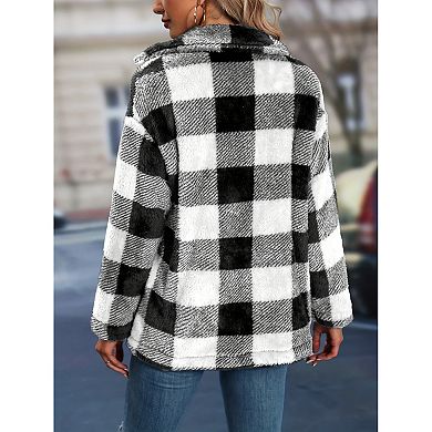 Women Casual Plaid Flannel Fake Jacket Oversized Long Sleeve Coat Button Down Shirts Tops