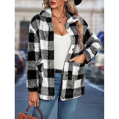 Women Casual Plaid Flannel Fake Jacket Oversized Long Sleeve Coat Button Down Shirts Tops