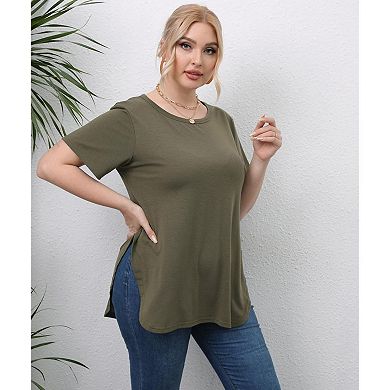 Women's Plus Size Short Sleeve Tunic Loose Fit Dressy Side Slit Asymmetrical Hem T Shirts
