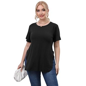 Women's Plus Size Short Sleeve Tunic Loose Fit Dressy Side Slit Asymmetrical Hem T Shirts