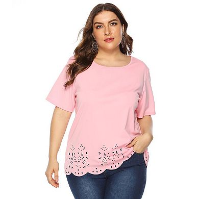 Women Plus Size Tops Casual Round Neck Solid Tees Short Sleeve Eyelet Hem Trendy T-Shirt
