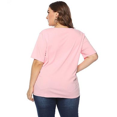 Women Plus Size Tops Casual Round Neck Solid Tees Short Sleeve Eyelet Hem Trendy T-Shirt