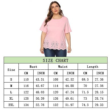 Women Plus Size Tops Casual Round Neck Solid Tees Short Sleeve Eyelet Hem Trendy T-Shirt