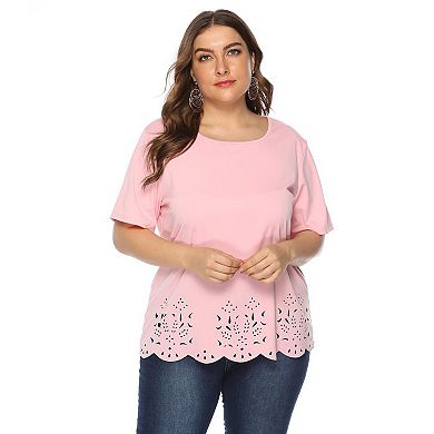 Women Plus Size Tops Casual Round Neck Solid Tees Short Sleeve Eyelet Hem Trendy T-Shirt