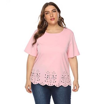 Women Plus Size Tops Casual Round Neck Solid Tees Short Sleeve Eyelet Hem Trendy T-Shirt