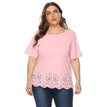 Women Plus Size Tops Casual Round Neck Solid Tees Short Sleeve Eyelet Hem Trendy T-Shirt