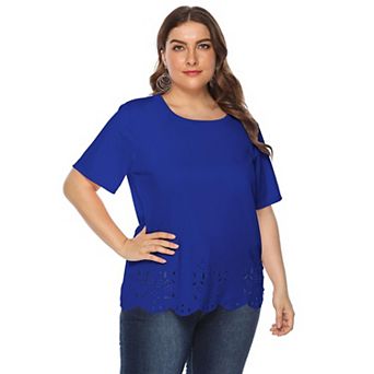 Women Plus Size Tops Casual Round Neck Solid Tees Short Sleeve Eyelet Hem Trendy T-Shirt