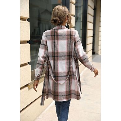 Women's Button Long Sleeve Plaid Shacket Flannel Lapel Coat Plush Jacket with Belt and Chest Pocket