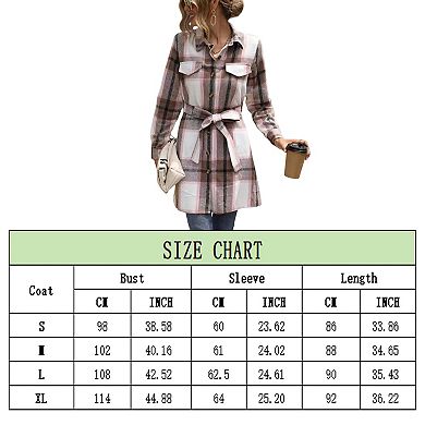 Women's Button Long Sleeve Plaid Shacket Flannel Lapel Coat Plush Jacket with Belt and Chest Pocket