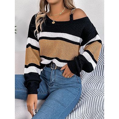 Women Contrast Color Striped Knit Pullover Sweater Long Sleeve Buckle Cold Shoulder Sweater