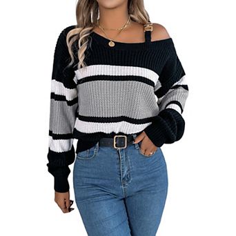 Women Contrast Color Striped Knit Pullover Sweater Long Sleeve Buckle Cold Shoulder Sweater