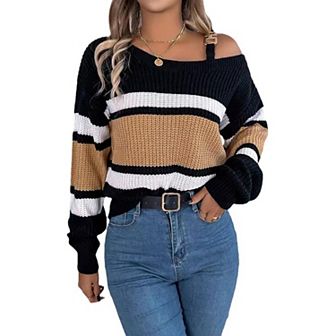 Women Contrast Color Striped Knit Pullover Sweater Long Sleeve Buckle Cold Shoulder Sweater