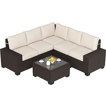 6 pc Patio Outdoor Sectional Furniture Sofa Set, with Glass Table & Pillows, Conversation Sets