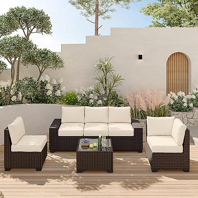 6 Pieces Patio Outdoor Sectional Furniture Sofa Set, with Glass Table & Pillows, Conversation Sets