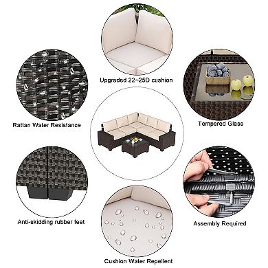 6 Pieces Patio Outdoor Sectional Furniture Sofa Set, with Glass Table & Pillows, Conversation Sets