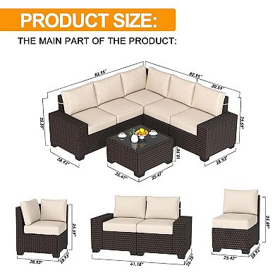 6 Pieces Patio Outdoor Sectional Furniture Sofa Set, with Glass Table & Pillows, Conversation Sets