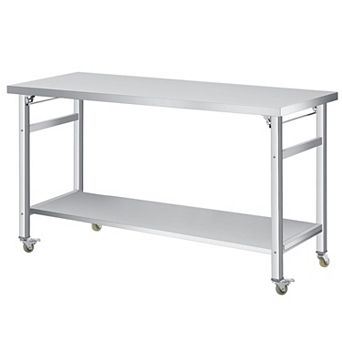 Stainless Steel Folding Table 60x24 in with Lockable Casters & Undershelf, 920 lbs Load