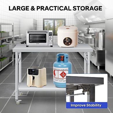 Stainless Steel Folding Table 60x24 in, with Lockable Casters & Undershelf, 920 lbs Load