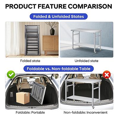 Stainless Steel Folding Table 60x24 in, with Lockable Casters & Undershelf, 920 lbs Load