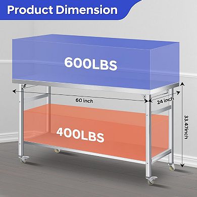 Stainless Steel Folding Table 60x24 in, with Lockable Casters & Undershelf, 920 lbs Load