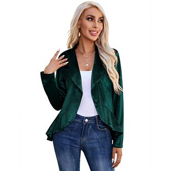 Womens Long Sleeve Velvet Blazer Jacket Suit Open Front Ruffle Work Office Cardigan Coat