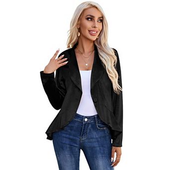 Womens Long Sleeve Velvet Blazer Jacket Suit Open Front Ruffle Work Office Cardigan Coat