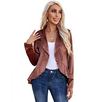 Womens Long Sleeve Velvet Blazer Jacket Suit Open Front Ruffle Work Office Cardigan Coat