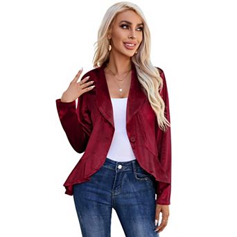 Womens Long Sleeve Velvet Blazer Jacket Suit Open Front Ruffle Work Office Cardigan Coat