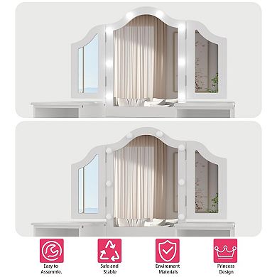 Kids Vanity with Lights, Chair, Storage Cabinet & Touch Light Detachable Tri-Folding Mirror