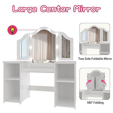 Kids Vanity with Lights, Chair, Storage Cabinet & Touch Light Detachable Tri-Folding Mirror