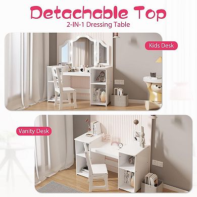 Kids Vanity with Lights, Chair, Storage Cabinet & Touch Light Detachable Tri-Folding Mirror
