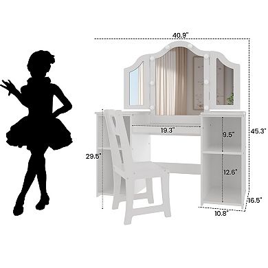Kids Vanity with Lights, Chair, Storage Cabinet & Touch Light Detachable Tri-Folding Mirror