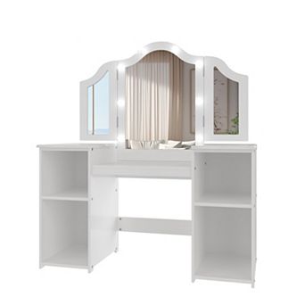 Kids Vanity with Lights, Chair, Storage Cabinet & Touch Light Detachable Tri-Folding Mirror