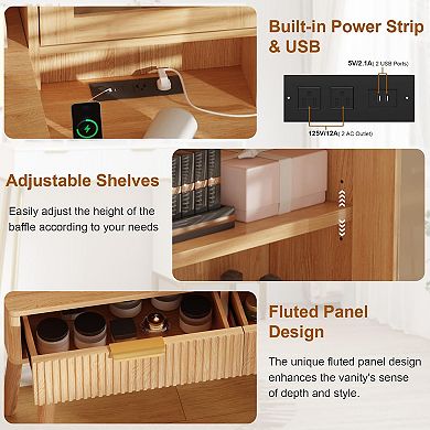 Makeup Vanity Desk with Lights & Power Outlet, Big Modern Fluted Vanity Desk