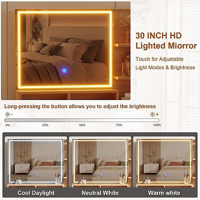 Makeup Vanity Desk with Lights & Power Outlet, Big Modern Fluted Vanity Desk