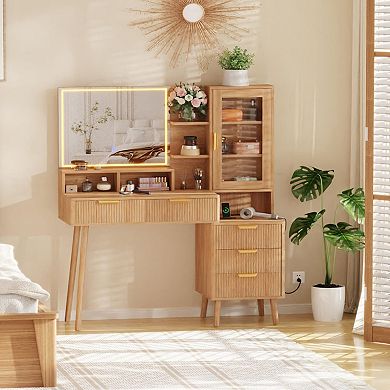 Makeup Vanity Desk with Lights & Power Outlet, Big Modern Fluted Vanity Desk