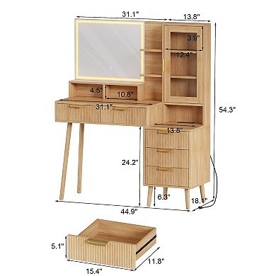 Makeup Vanity Desk with Lights & Power Outlet, Big Modern Fluted Vanity Desk