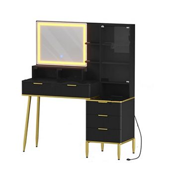 Makeup Vanity Desk with Lights & Power Outlet, Big Modern Fluted Vanity Desk