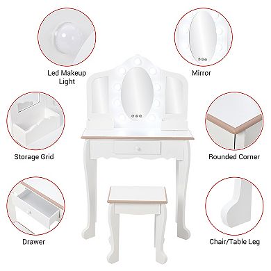 Princess Vanity Set for Girls, with Touch Lights, Mirror, Stool & Wood Playset, Gift for Ages 3-9