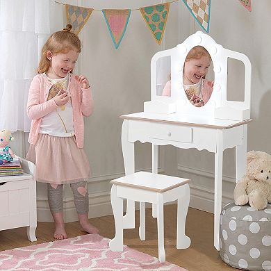 Princess Vanity Set for Girls, with Touch Lights, Mirror, Stool & Wood Playset, Gift for Ages 3-9