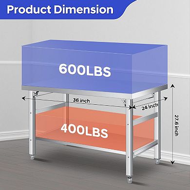 Stainless Steel Folding Table 36x24 in, with Undershelf, 920 lbs Load