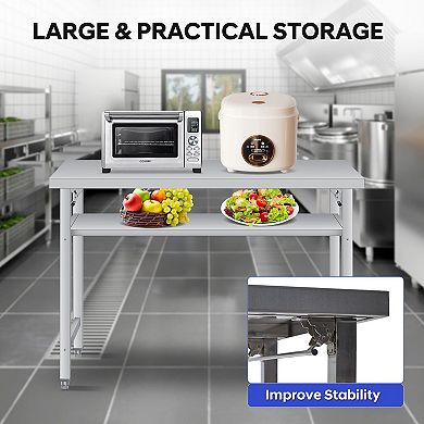 Stainless Steel Folding Table 48x24 in, with Undershelf, 920 lbs Load
