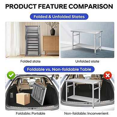 Stainless Steel Folding Table 48x24 in, with Undershelf, 920 lbs Load