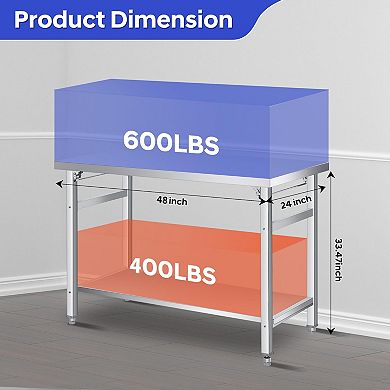 Stainless Steel Folding Table 48x24 in, with Undershelf, 920 lbs Load